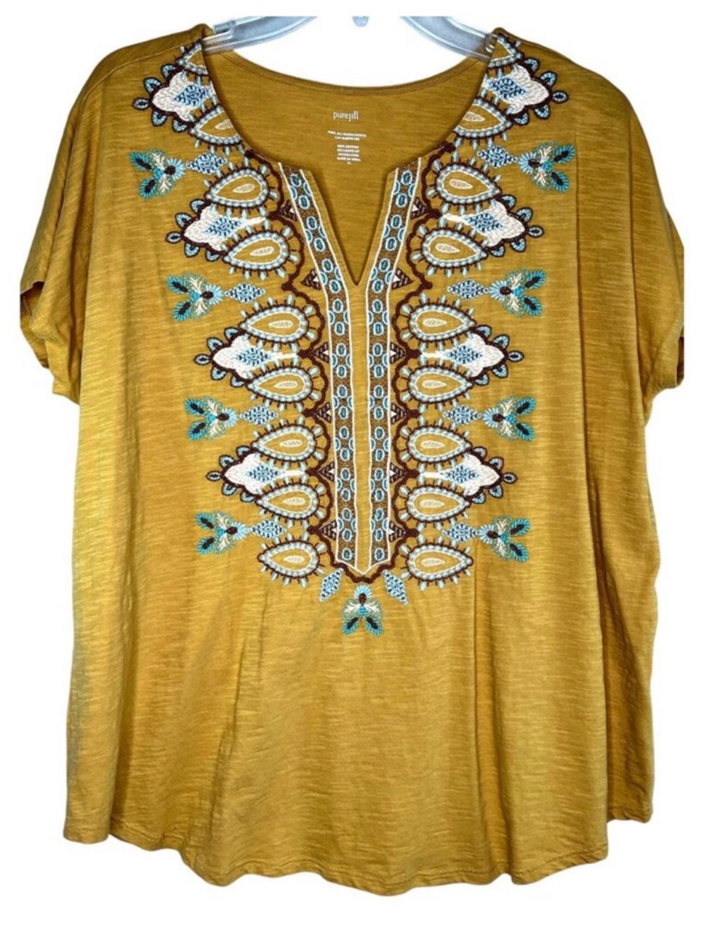 J. Jill Mustard Yellow Embroidered V-Neck Short Sleeve Cotton Top Sz. 2X #12